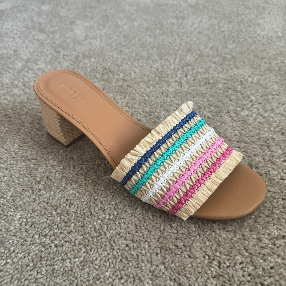 Heeled Sandals slip on woven multicolor raffia fringe size 10
